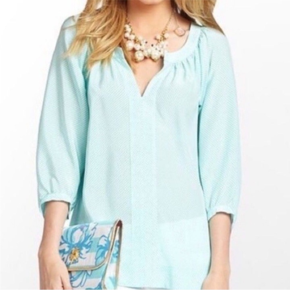 Lilly Pulitzer Teal and White Striped Silk Moxy Blouse Size XL